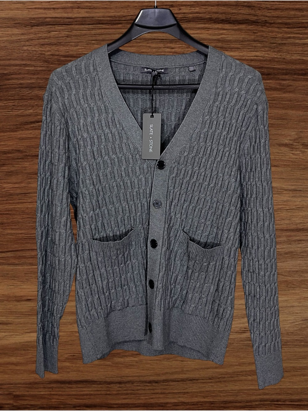 Slate & Stone Men’s Heather Grey Cable Knit Sweater Cardigan. Large